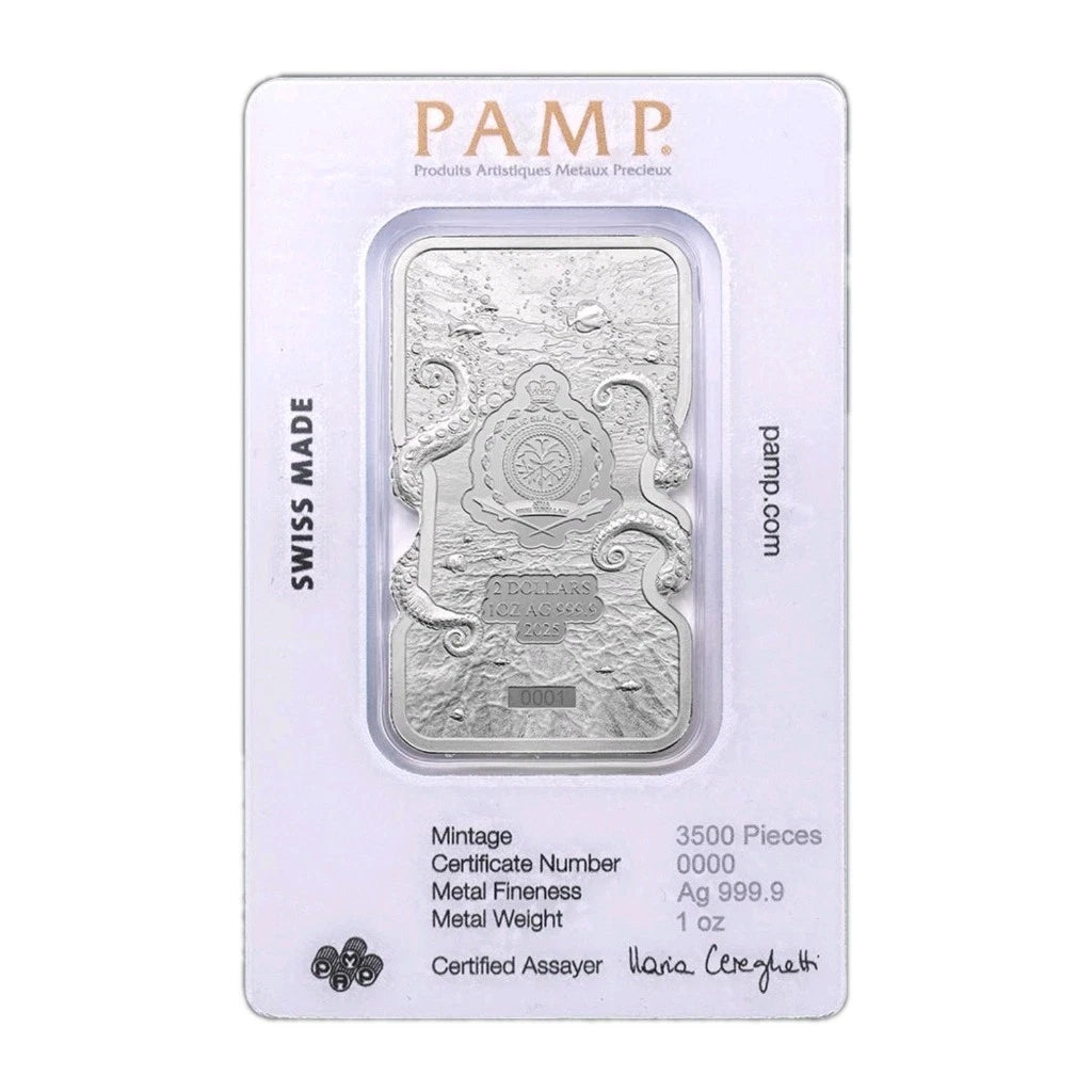 1oz Silber Barren PAMP Oktopus 999 Feinsilber Niue 2 Dollar Octopus 2025